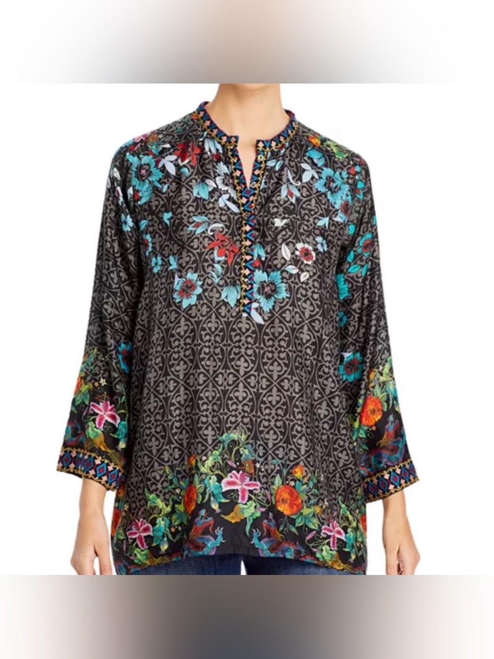 Johnny Was embroidered floral silk tunic shirt size M